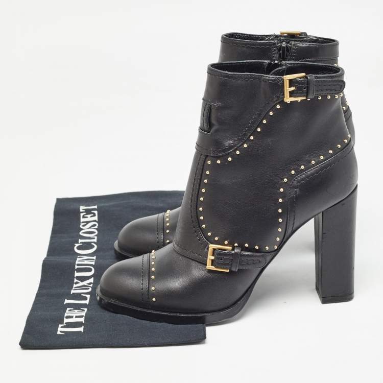 Pre Owned Alexander McQueen Black Leather Studded Buckle Ankle Boots Size 38.5
