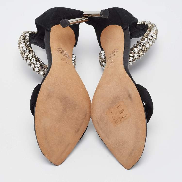 Pre Owned Alexander McQueen Black Suede Crystal Embellished Ankle Cuff Sandals Size 36