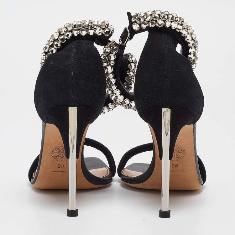 Pre Owned Alexander McQueen Black Suede Crystal Embellished Ankle Cuff Sandals Size 36
