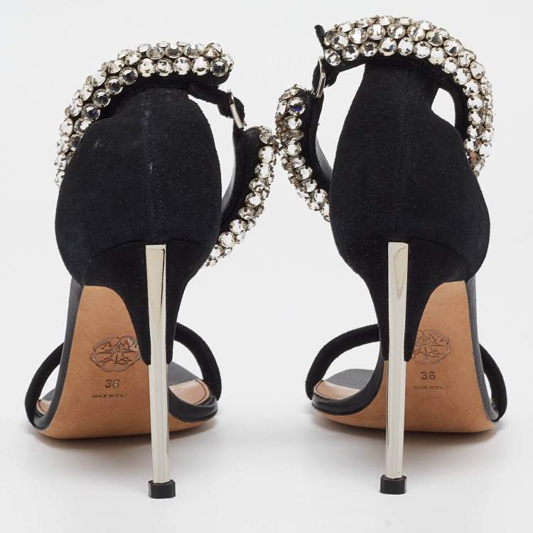 Pre Owned Alexander McQueen Black Suede Crystal Embellished Ankle Cuff Sandals Size 36