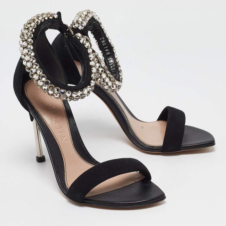 Pre Owned Alexander McQueen Black Suede Crystal Embellished Ankle Cuff Sandals Size 36
