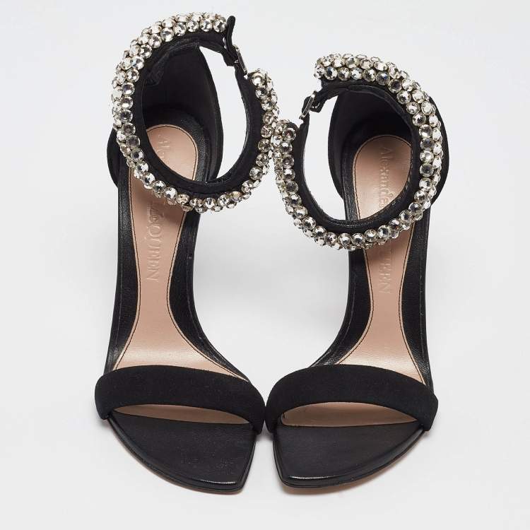 Pre Owned Alexander McQueen Black Suede Crystal Embellished Ankle Cuff Sandals Size 36