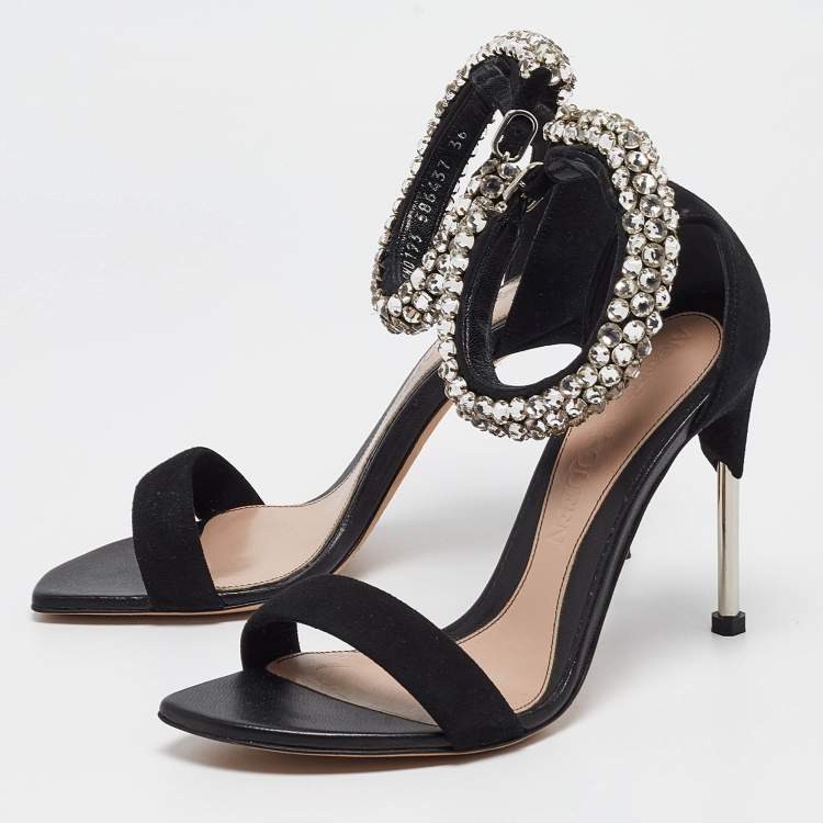 Pre Owned Alexander McQueen Black Suede Crystal Embellished Ankle Cuff Sandals Size 36