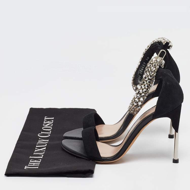 Pre Owned Alexander McQueen Black Suede Crystal Embellished Ankle Cuff Sandals Size 36