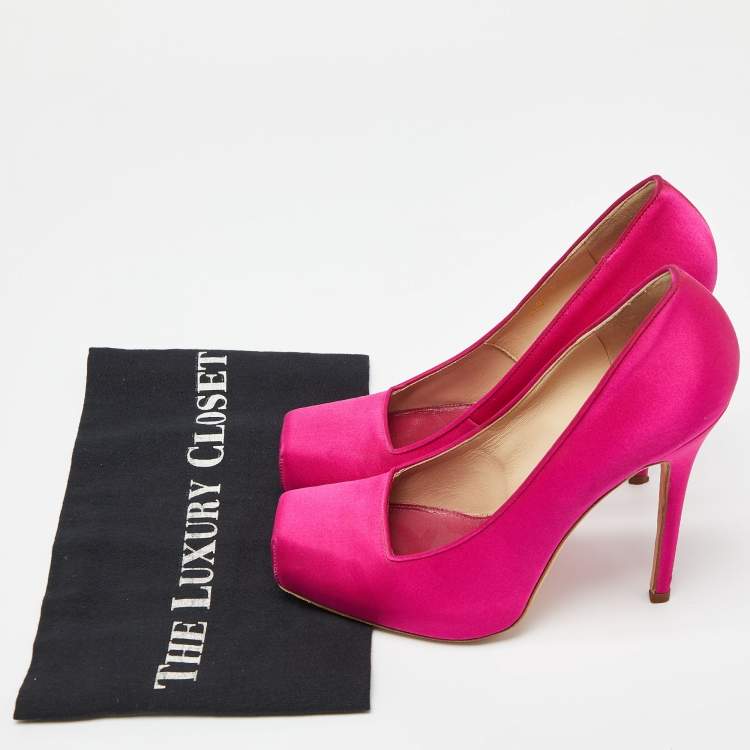 Pre Owned Alexander McQueen Magenta Satin Square Toe Platform Pumps Size 38.5