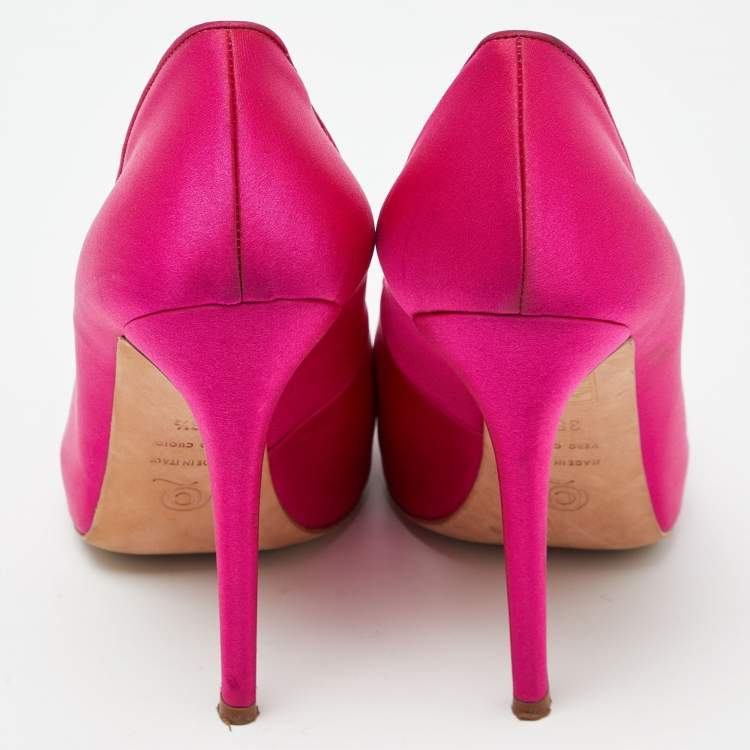 Pre Owned Alexander McQueen Magenta Satin Square Toe Platform Pumps Size 38.5