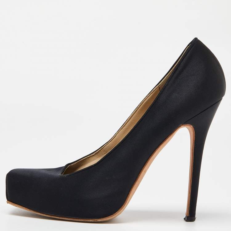 Pre Owned Alexander McQueen Black Satin Square Toe Platform Pumps Size 38.5