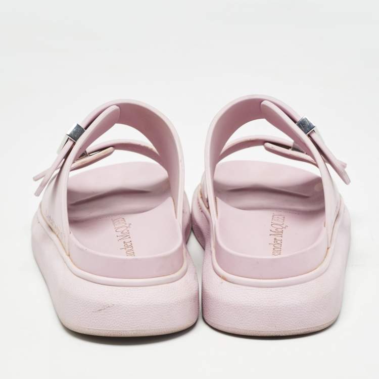 Pre Owned Alexander McQueen Pink Rubber Buckle Details Flat Slides Size 37
