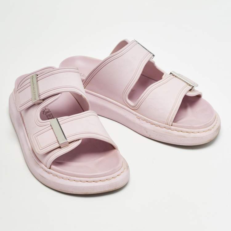 Pre Owned Alexander McQueen Pink Rubber Buckle Details Flat Slides Size 37