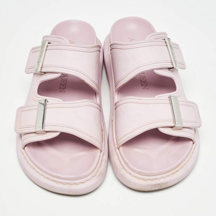 Pre Owned Alexander McQueen Pink Rubber Buckle Details Flat Slides Size 37