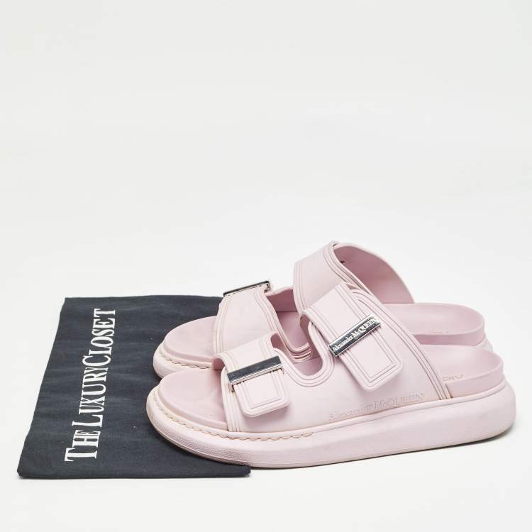 Pre Owned Alexander McQueen Pink Rubber Buckle Details Flat Slides Size 37