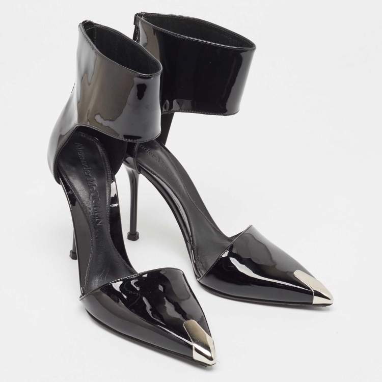 Pre Owned Alexander McQueen Black Patent Cutout Ankle Boots Size 37