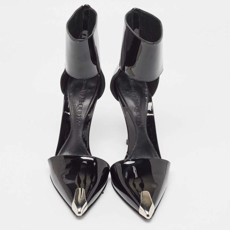 Pre Owned Alexander McQueen Black Patent Cutout Ankle Boots Size 37