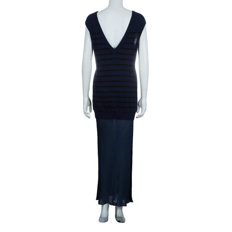 Pre Owned T By Alexander Wang Navy Blue Striped Knit Upper Sheer Bottom Oversized Maxi Dress S