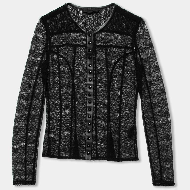 Pre Owned Alexander Wang Black Lace & Leather Trimmed Button Front Top S