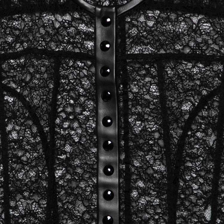 Pre Owned Alexander Wang Black Lace & Leather Trimmed Button Front Top S
