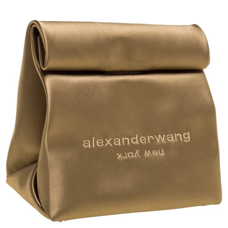 Pre Owned Alexander Wang Khaki Satin Foldover Clutch 