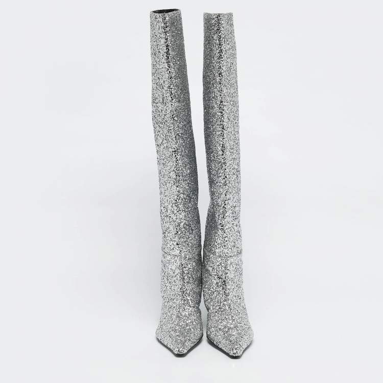 Pre Owned Alexander Wang Silver Glitter Viola Knee Length Boots Size 36