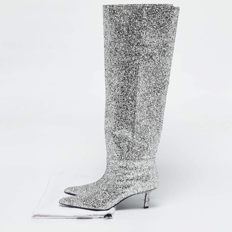 Pre Owned Alexander Wang Silver Glitter Viola Knee Length Boots Size 36