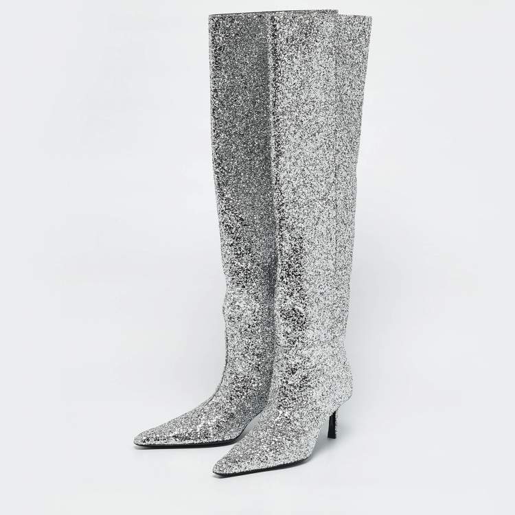 Pre Owned Alexander Wang Silver Glitter Viola Knee Length Boots Size 36