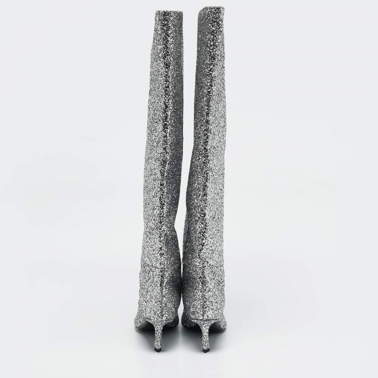 Pre Owned Alexander Wang Silver Glitter Viola Knee Length Boots Size 36