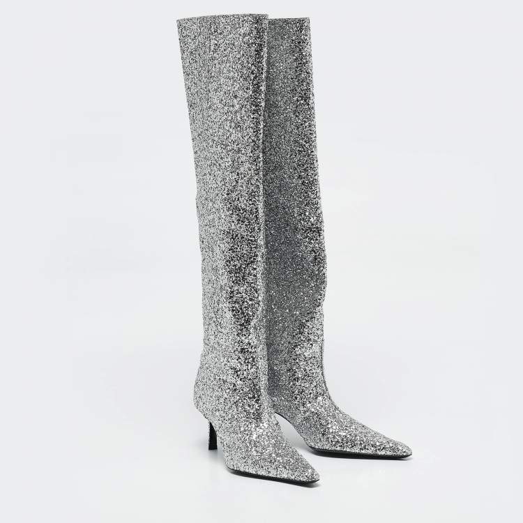 Pre Owned Alexander Wang Silver Glitter Viola Knee Length Boots Size 36