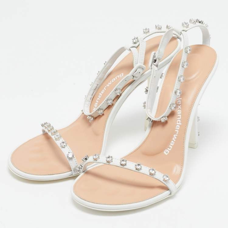 Pre Owned Alexander Wang White Leather Crystal Embellished Nicki Sandals Size 40