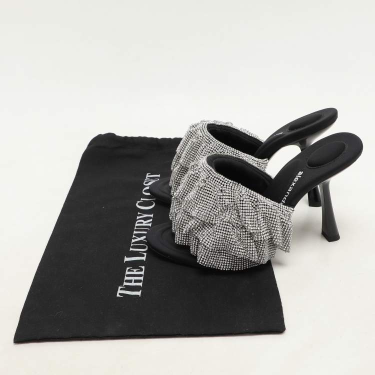 Pre Owned Alexander Wang Silver/Black Ruffled Detail Crystal and Fabric Nala Slide Sandals Size 37