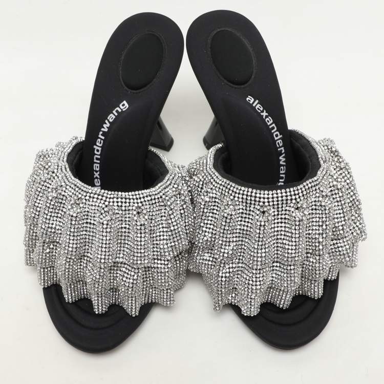 Pre Owned Alexander Wang Silver/Black Ruffled Detail Crystal and Fabric Nala Slide Sandals Size 37
