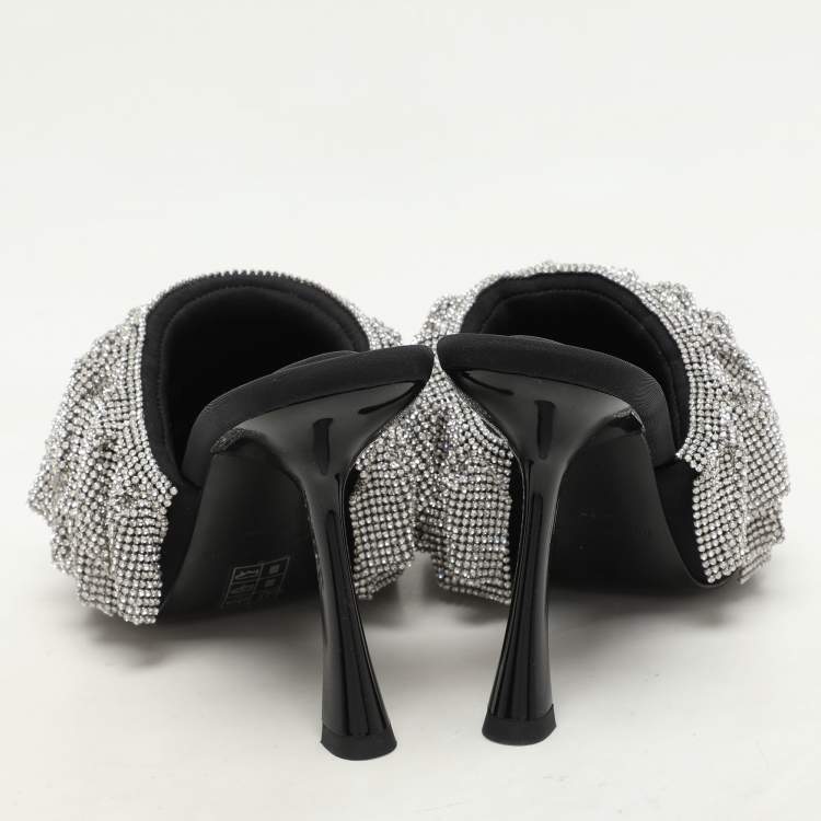 Pre Owned Alexander Wang Silver/Black Ruffled Detail Crystal and Fabric Nala Slide Sandals Size 37