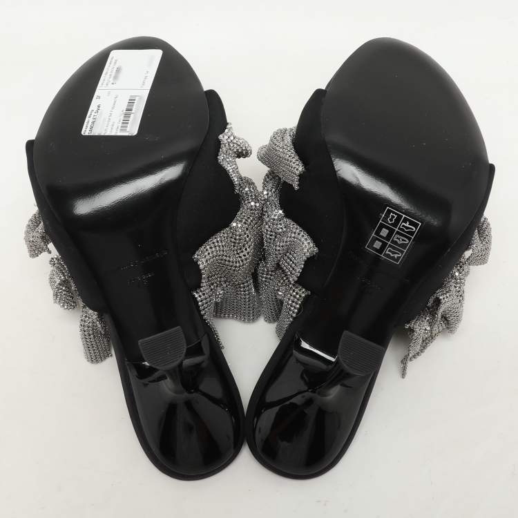 Pre Owned Alexander Wang Silver/Black Ruffled Detail Crystal and Fabric Nala Slide Sandals Size 37