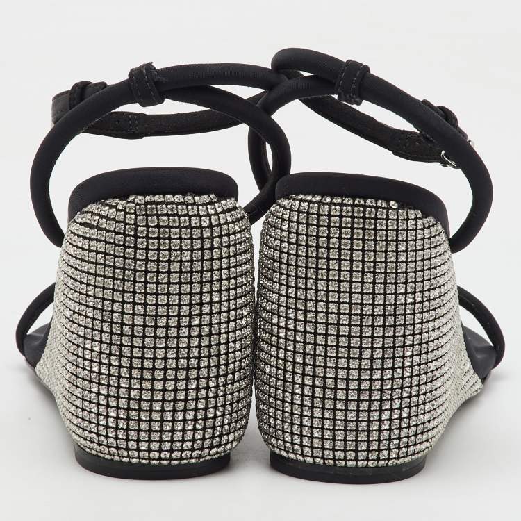 Pre Owned Alexander Wang Dahlia Black Satin Crystal Ankle Strap Wedge Sandals Size 37