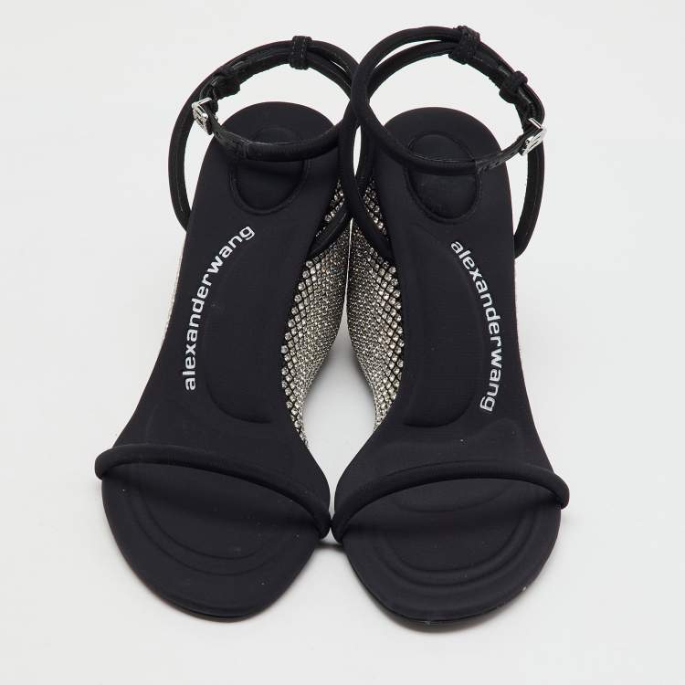 Pre Owned Alexander Wang Dahlia Black Satin Crystal Ankle Strap Wedge Sandals Size 37