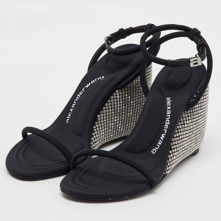 Pre Owned Alexander Wang Dahlia Black Satin Crystal Ankle Strap Wedge Sandals Size 37
