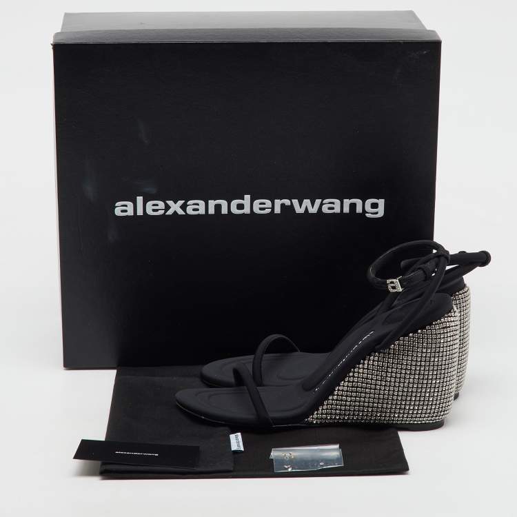 Pre Owned Alexander Wang Dahlia Black Satin Crystal Ankle Strap Wedge Sandals Size 37