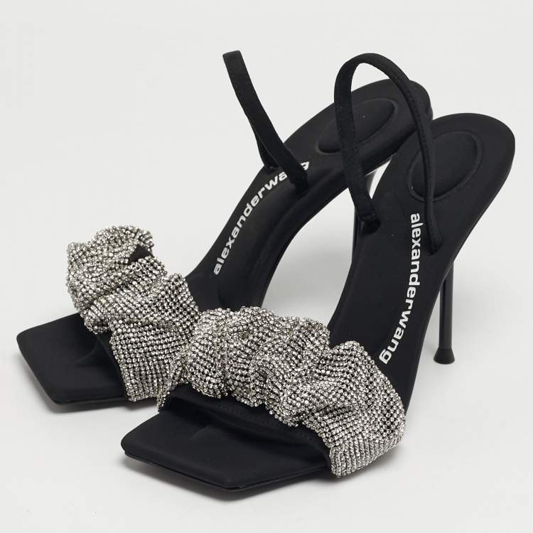 Pre Owned Alexander Wang Julie Size 37 Black Fabric Crystal Embellished Ankle Strap Sandals