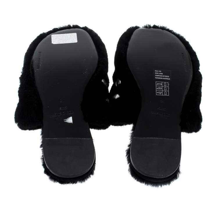 Pre Owned Alexander Wang Black Studded Fur Amelia Shearling Lined Flat Slides Size 41