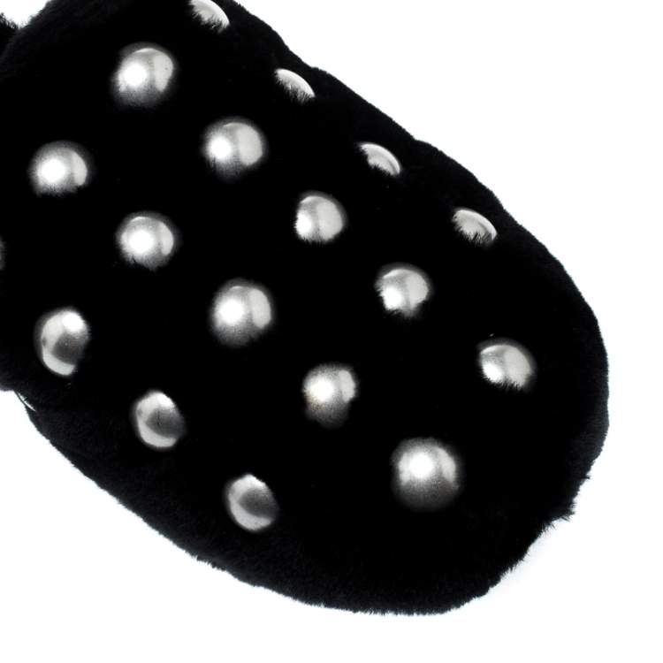Pre Owned Alexander Wang Black Studded Fur Amelia Shearling Lined Flat Slides Size 41