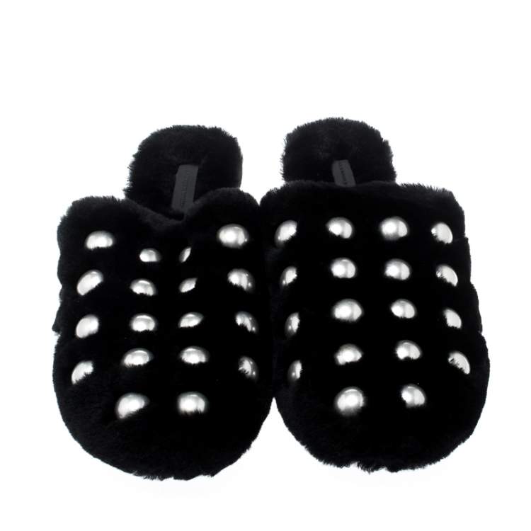 Pre Owned Alexander Wang Black Studded Fur Amelia Shearling Lined Flat Slides Size 41
