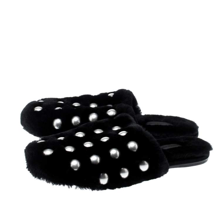 Pre Owned Alexander Wang Black Studded Fur Amelia Shearling Lined Flat Slides Size 41