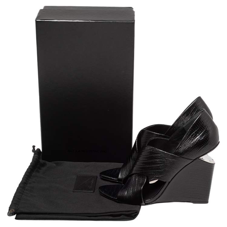 Pre Owned Alexander Wang Black Lizard Embossed Leather Cross Strap Wedge Sandals Size 39
