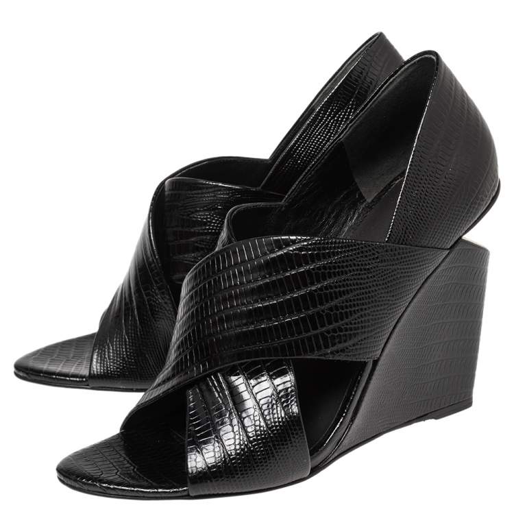 Pre Owned Alexander Wang Black Lizard Embossed Leather Cross Strap Wedge Sandals Size 39