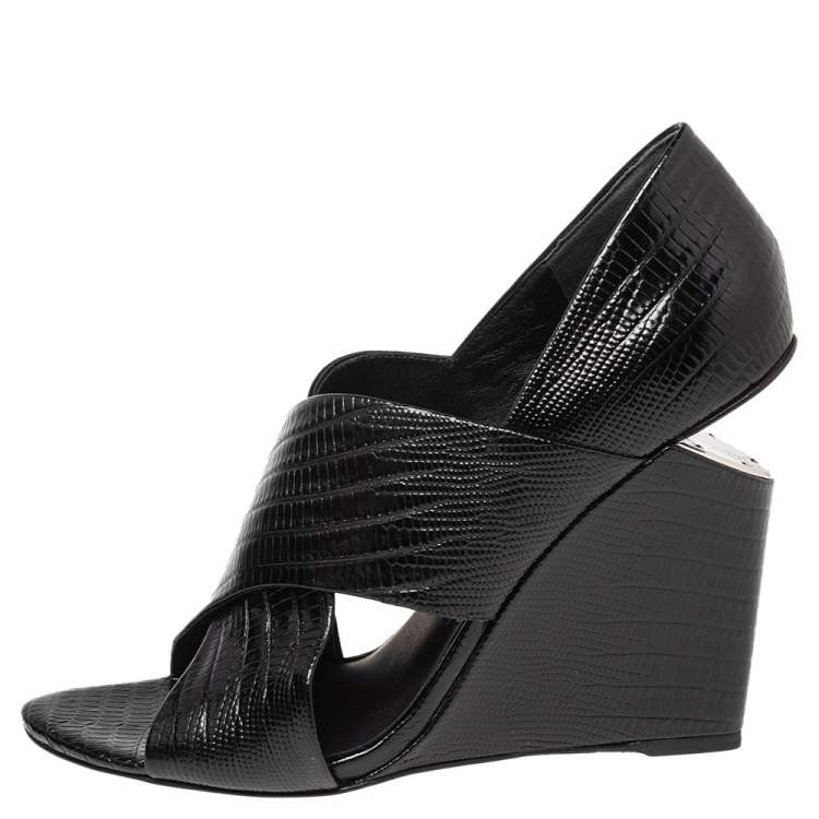 Pre Owned Alexander Wang Black Lizard Embossed Leather Cross Strap Wedge Sandals Size 39