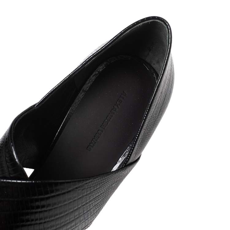 Pre Owned Alexander Wang Black Lizard Embossed Leather Cross Strap Wedge Sandals Size 39