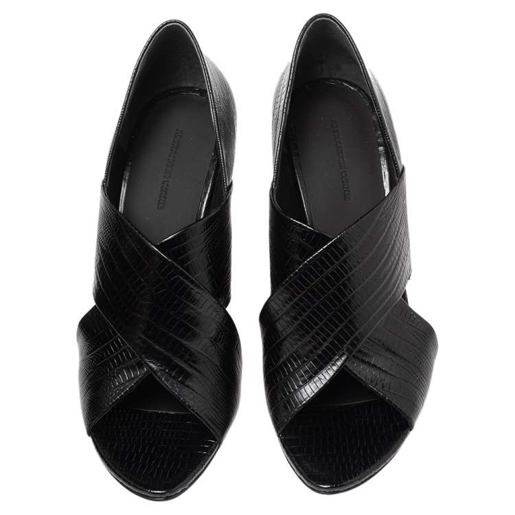 Pre Owned Alexander Wang Black Lizard Embossed Leather Cross Strap Wedge Sandals Size 39