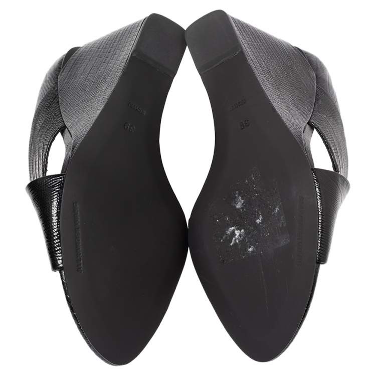 Pre Owned Alexander Wang Black Lizard Embossed Leather Cross Strap Wedge Sandals Size 39