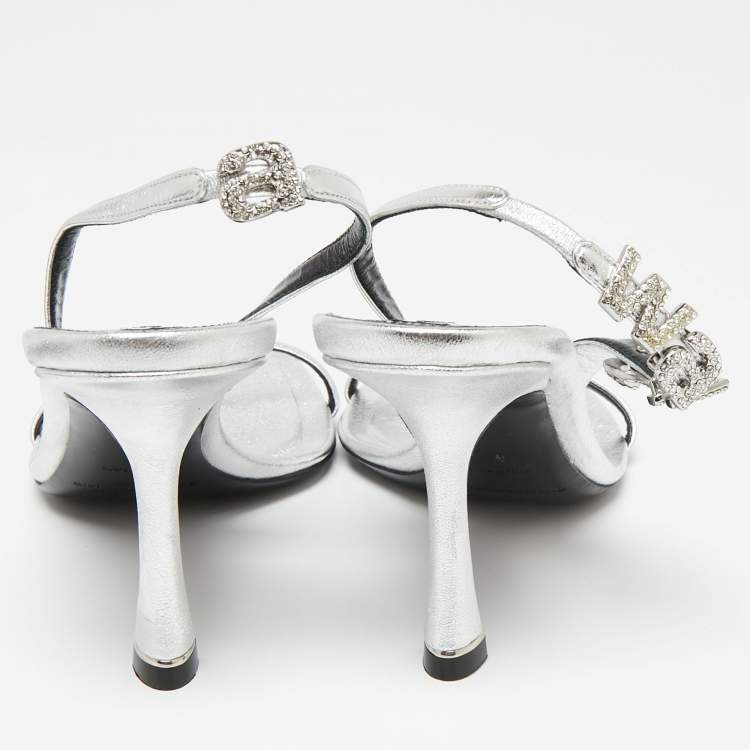 Pre Owned Alexander Wang Silver Leather Embellished Slingback Sandals Size 38