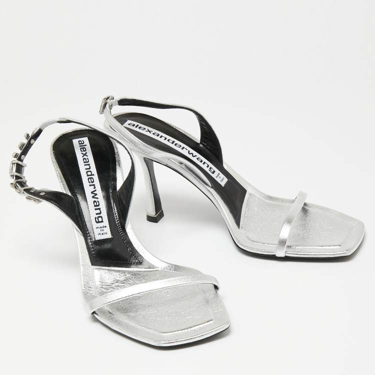 Pre Owned Alexander Wang Silver Leather Embellished Slingback Sandals Size 38