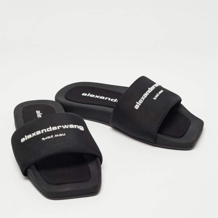 Pre Owned Alexander Wang Black Fabric Logo Flat Slides Size 35