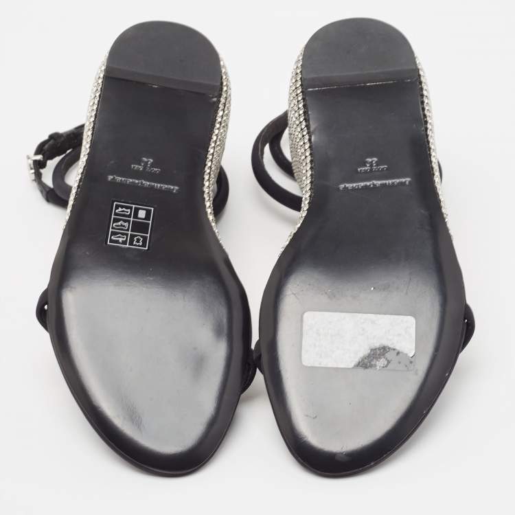 Pre Owned Alexander Wang Dahlia Black Satin Crystal Ankle Strap Wedge Sandals Size 38